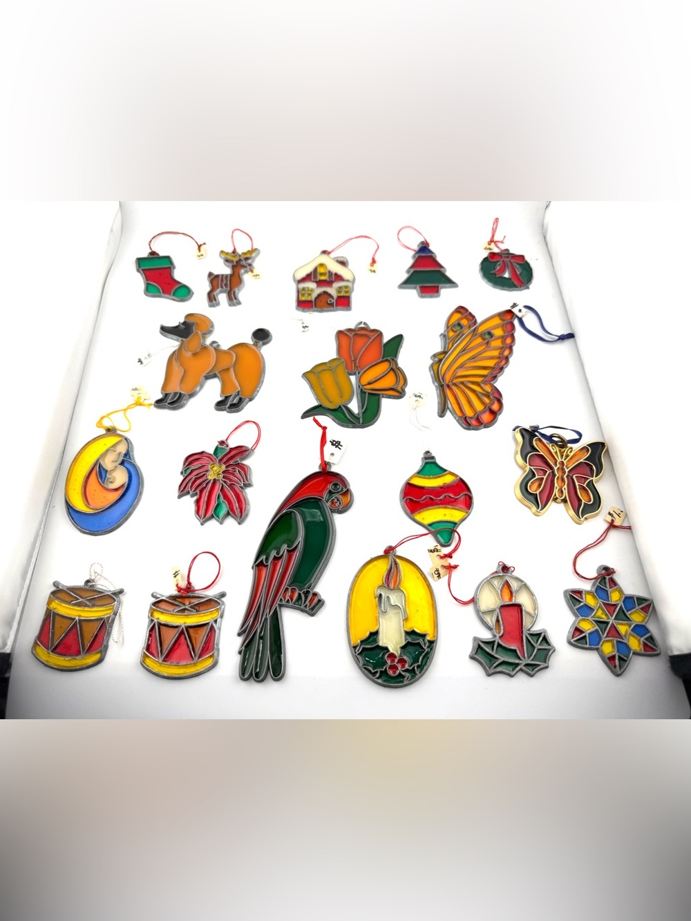 Vintage 17pc Leaded Stained Glass Ornament Lot Suncatchers Christmas